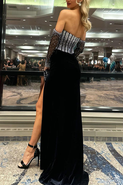 Charming Mermaid Sweetheart Black Satin Long Prom Dresses with Beading AB112101