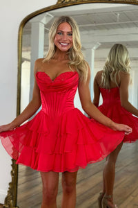 Cute A Line Sweetheart Red Chiffon Tiered Homecoming Dress AB25092512