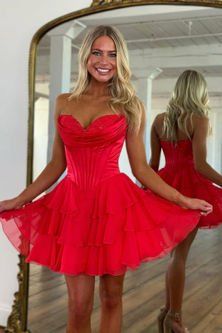 Cute A Line Sweetheart Red Chiffon Tiered Homecoming Dress AB25092512