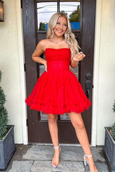 Sweet A Line Red Tulle Short Homecoming Dresses with Detachable Sleeves AB091703