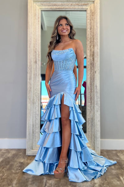 Cute Mermaid Scoop Neck Tiered Satin Prom Dress with Appliques AB25022314