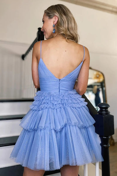Cute A Line V Neck Blue Tulle Short Homecoming Dresses AB092401