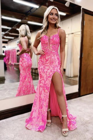 Cute Mermaid V Neck Pink Sequins Long Prom Dress with Slit AB4031706