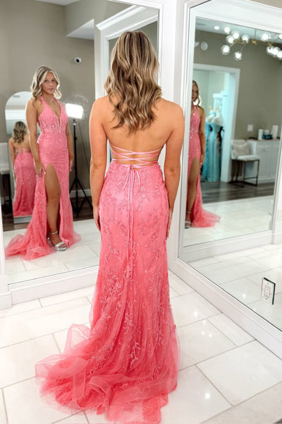 Cute Mermiad V Neck Hot Pink Lace Slit Prom Dress AB26032211