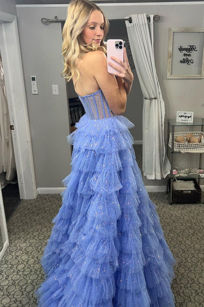 Cute Ball Gown Sweetheart Blue Sparkly Tulle Long Prom Dresses AB112104