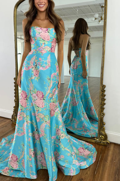 Mermaid Strapless Floral Satin Prom Dress AB26010610
