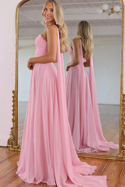 A Line V Neck Blush Pink Chiffon Long Prom Dress with Beading AB26102104