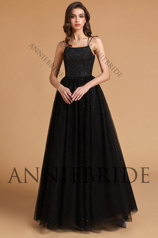 Sparkly A Line Scoop Neck Black Glitter Tulle Long Prom Dresses AB061826