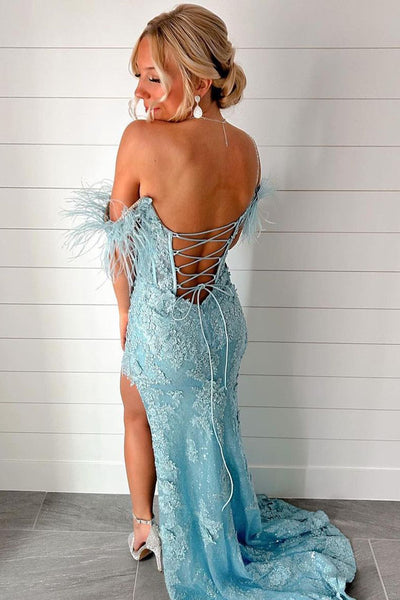 Chic Mermaid Scoop Neck Blue Sequins Lace Long Prom Dresses with Side Slit AB061821