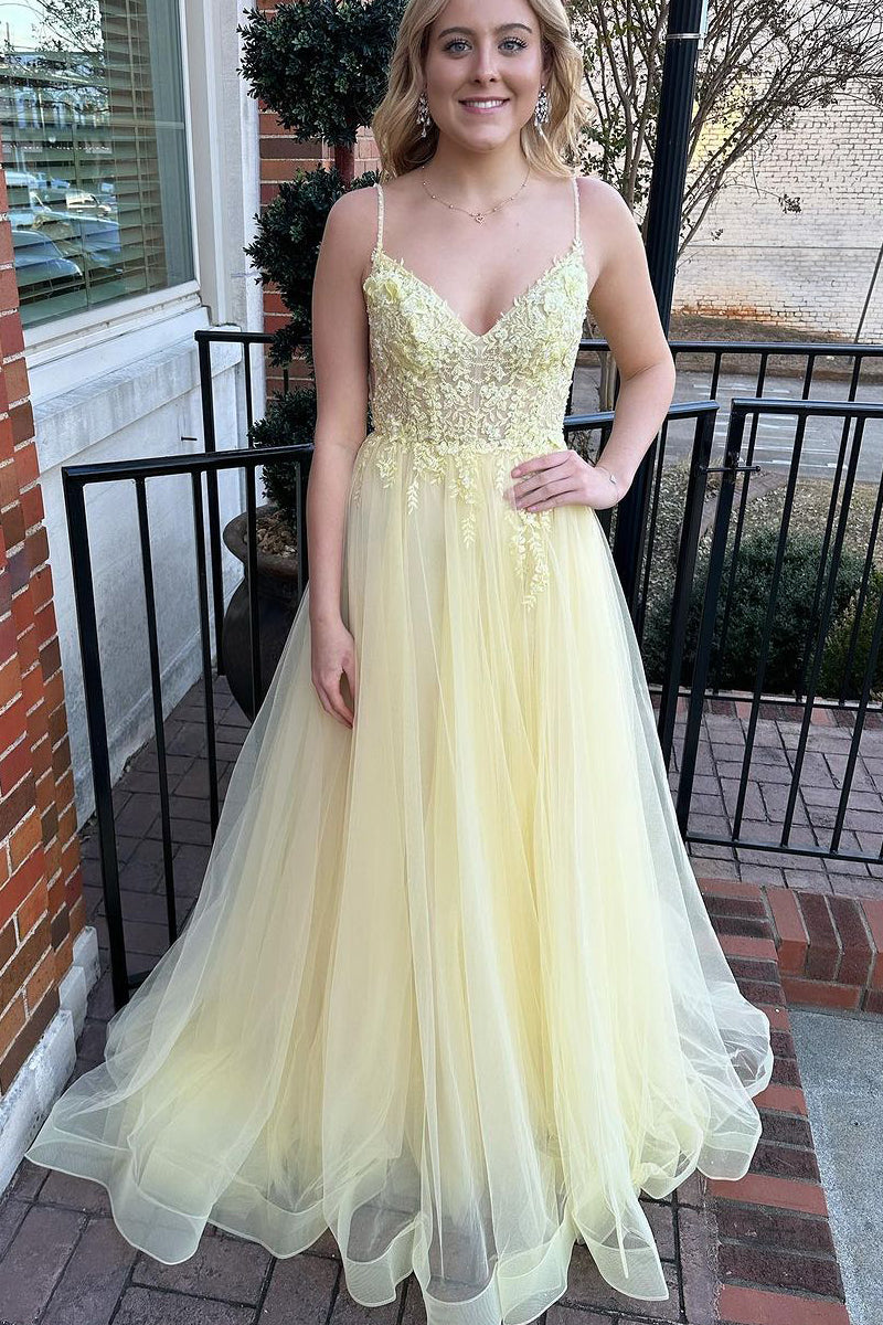 Cute A Line V Neck Daffodil Tulle Prom Dress with Appliques AB112405