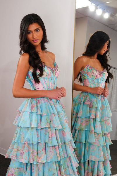 A Line Strapless Beads Floral Print Ruffle Tiered Slit Prom Dresses with Beading AB021503