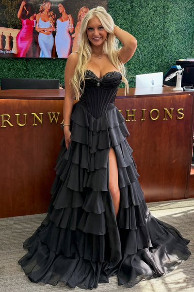 Cute A Line Sweetheart Black Chiffon Tiered Prom Dress with Beading AB26020609