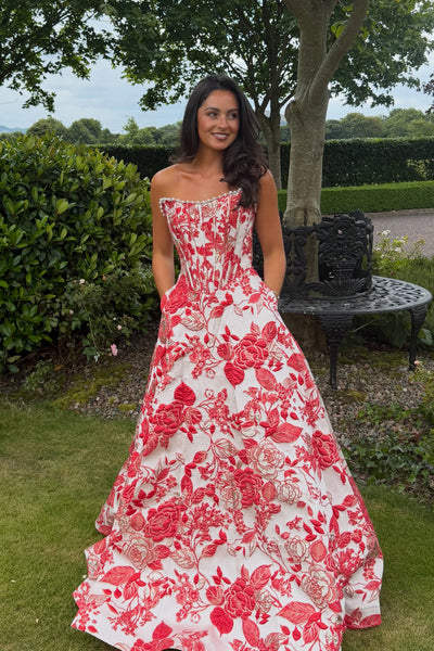 A Line Scoop Neck Jacquard Satin Long Prom Dress with Pockets AB26073009