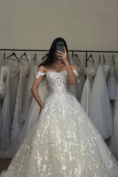 Gorgeous A Line Off the Shoulder Lace Beach Wedding Dress AB26061420