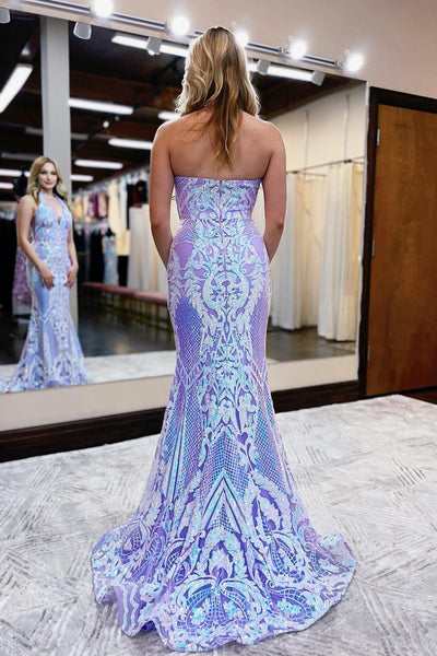 Sparkly Mermaid V Neck Lavender Sequins Lace Long Prom Dresses with Detachable Train AB100201