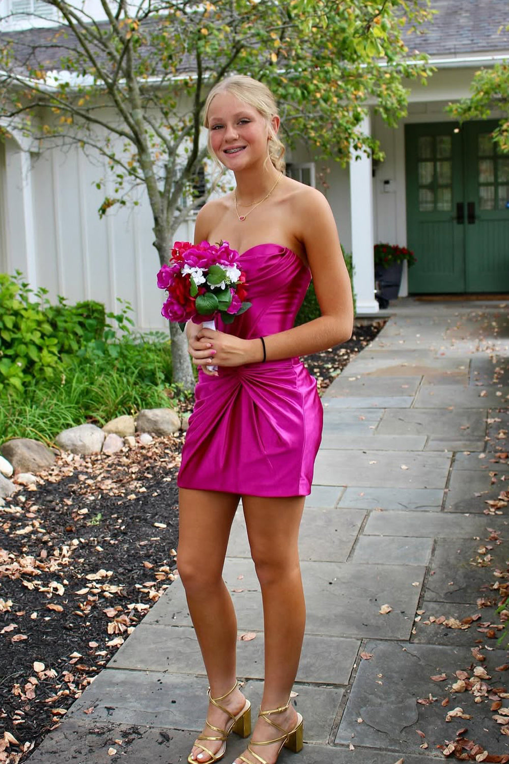 Sweet Bodycon Strapless Fuchsia Satin Short Homecoming Dress AB25092709