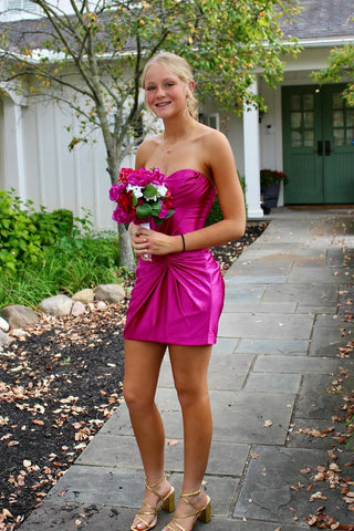 Sweet Bodycon Strapless Fuchsia Satin Short Homecoming Dress AB25092709