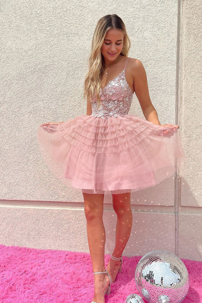 Cute A Line V Neck Pink Tulle Short Homecoming Dresses with Beading AB092804