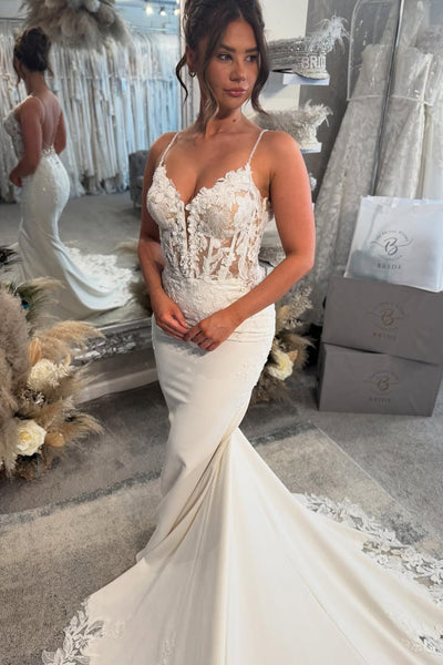 Elegant Mermaid V Neck Elastic Satin Wedding Dresses with Appliques AB25050203