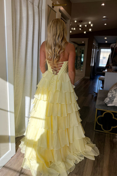 Fairy A Line V Neck Halter Daffodil Tiered Chiffon Prom Dress AB26070718