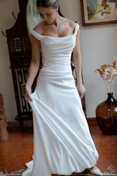 Boho Mermaid Off the Shoulder Satin Wedding Dress AB26102710