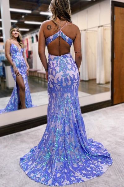 Cute Mermaid V Neck Purple Sequins Long Prom Dresses AB100605