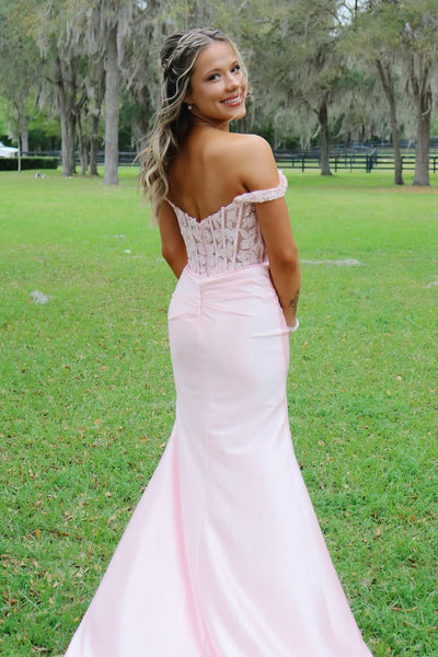 Stunning Mermaid Off the Shoulder Light Pink Satin Prom Dress with Appliques AB26041905