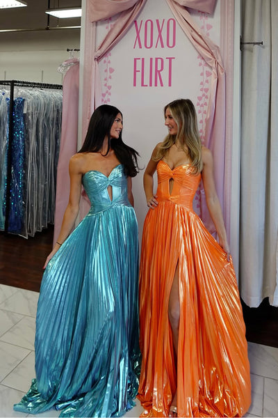 Gorgeous A Line Sweetheart Keyhole Metallic Pleant Satin Prom Dress with Slit AB26041907