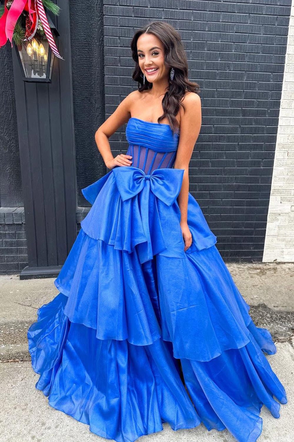 Cute Ball Gown Strapless Royal Blue Organza Prom Dress with Bow AB25010202