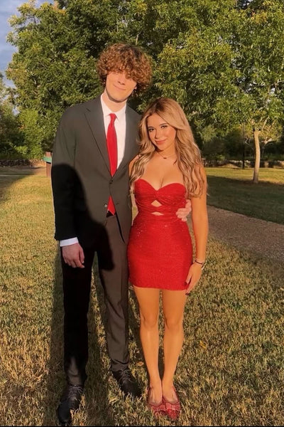 Cute Bodycon Sweetheart Keyhole Red Short Homecoming Dress with Hot Stone AB25093010