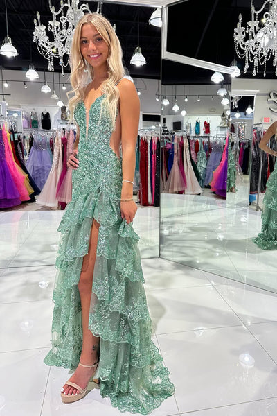Gorgeous Sheath V Neck Sage Green Prom Dress with Appliques AB24120904