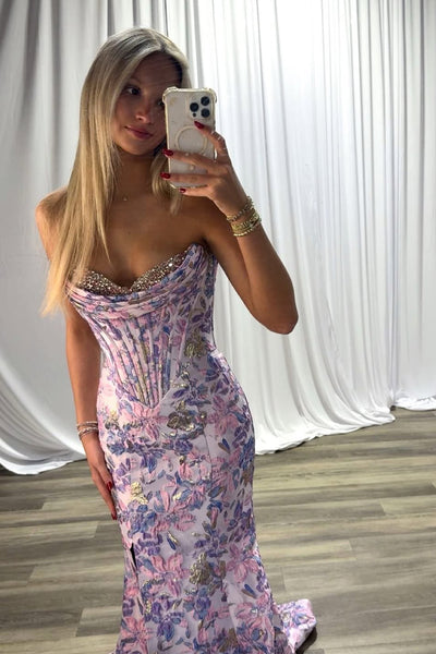 Gorgeous Mermaid Sweetheart Lavender Jacquard Satin Prom Dress with Beading AB251203010