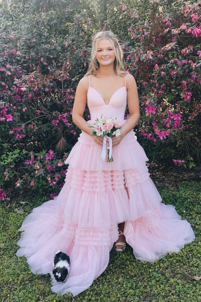 Cute A Line V Neck Light Pink Tulle Tiered Long Prom Dress with Slit AB26040614