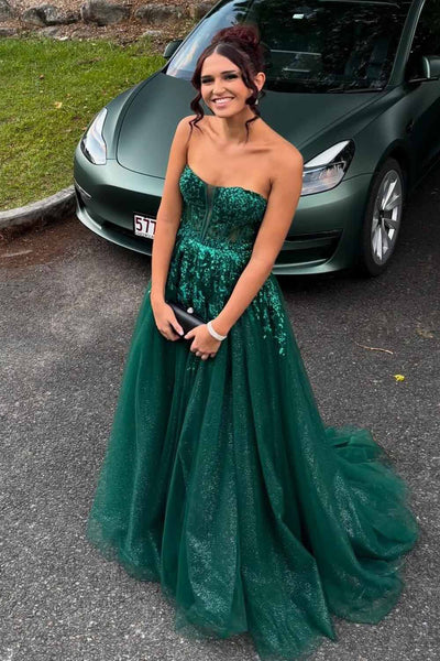 A Line Strapless Dark Green Sequins Prom Dress with Appliques AB26102906