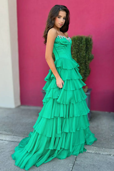 Cute A Line Scoop Neck Green Chiffon Tiered Prom Dress with Beading AB25112705