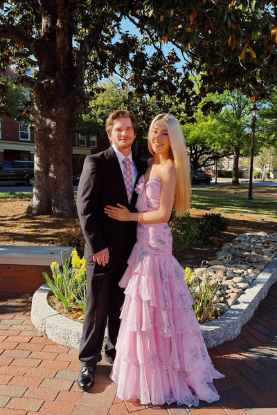 Sweet Mermaid Strapless Light Pink Floral Chiffon Prom Dress AB26040515