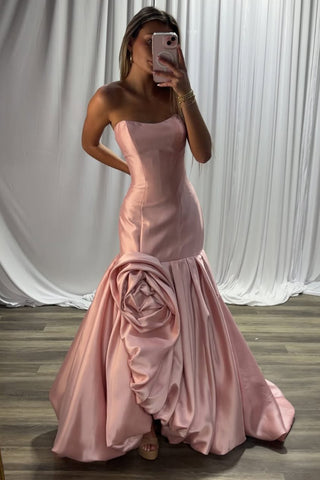 Gorgeous Mermaid Scoop Neck Blush Satin Prom Dress with Bow AB25120608