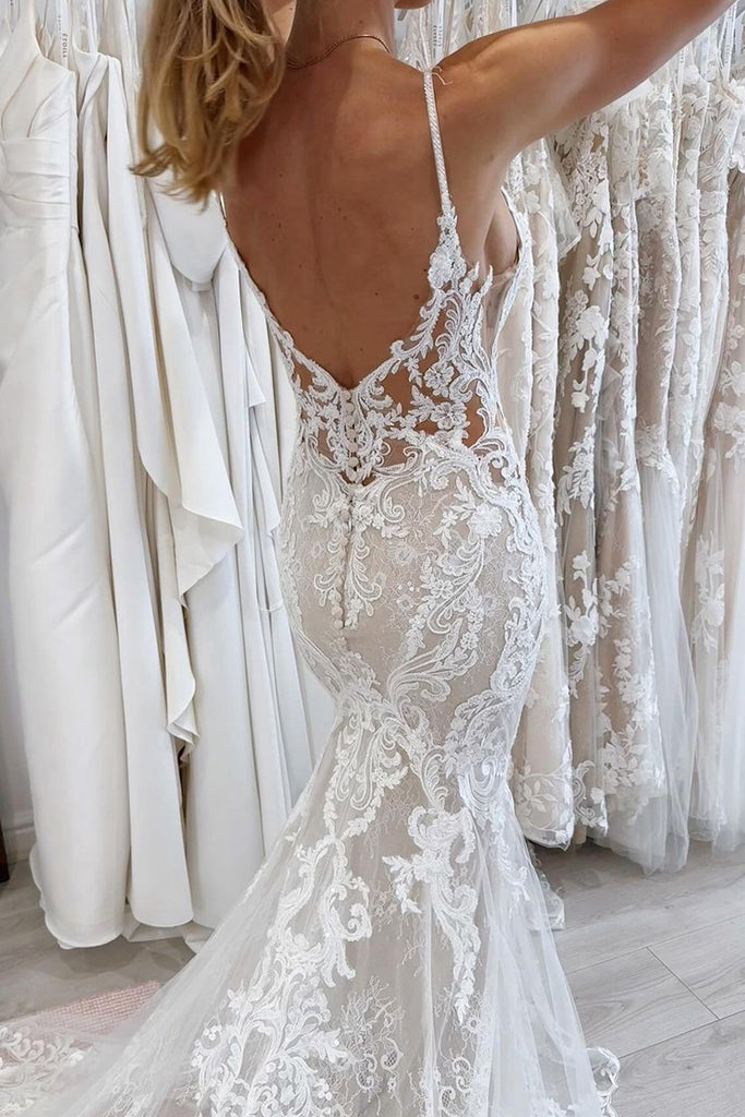 Mermaid V Neck Lace Wedding Dress with Appliques AB4060803 Anniebride Mermaid V Neck Lace Wedding Dress with Appliques AB4060803 Anniebride