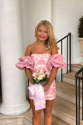 Cute Bodycon Strapless Pink Jacquard Satin Short Homecoming Dress with Sleeves AB25100706