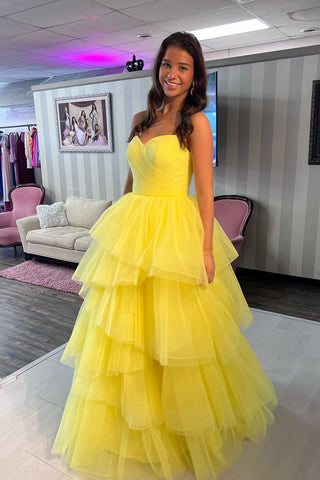 Cute Ball Gown Strapless Yellow Tulle Tiered Prom Dresses AB24120317