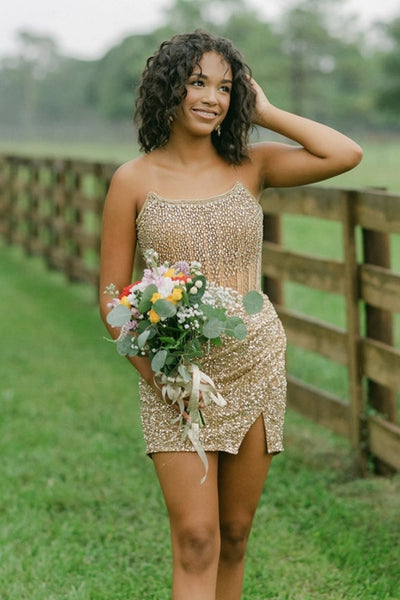 Cute Bodycon Scoop Neck Gold Sqeuins Tight Short Homecoming Dresses with Beading AB240926010