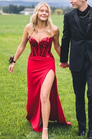 Charming Mermaid Sweetheart Red Sequins Long Prom Dresses with Side Slit AB061815