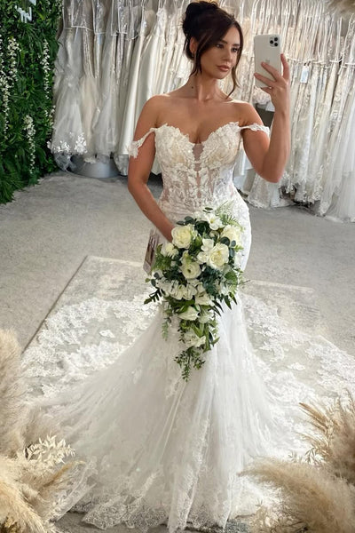 Charming Mermaid Off the Shoulder Lace Wedding Dress with Appliques AB26020611