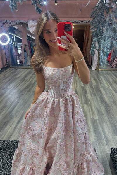 Cute A Line Scoop Neck Pink Jacquard Satin Prom Dress AB26102504