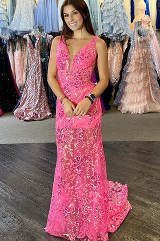 Sparkly Mermaid V Neck Pink Sequins Lace Long Prom Dresses AB090402