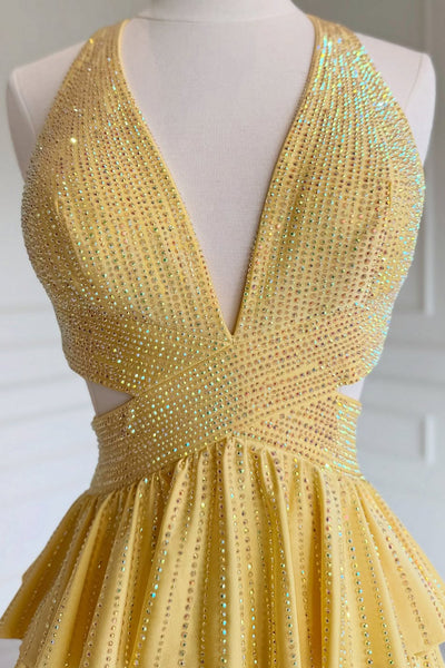 Gorgeous A Line V Neck Yellow Hot-fix Rhinestones Prom Dress with Slit AB26041701