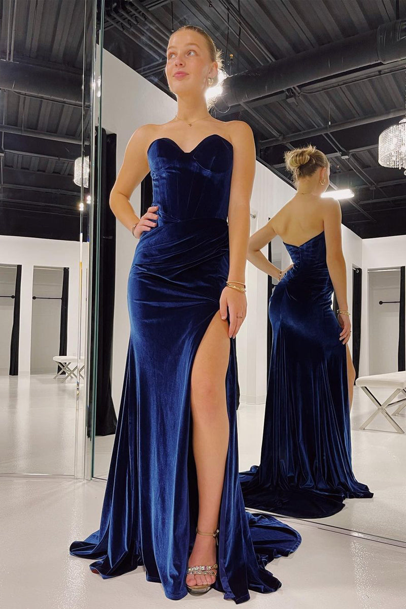 Charming Mermaid Sweetheart Navy Velvet Long Prom Dresses with Slit AB101705