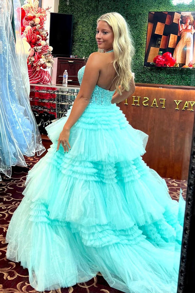 Ball Gown Halter Ruffle Tiered Long Prom Dress AB4020604
