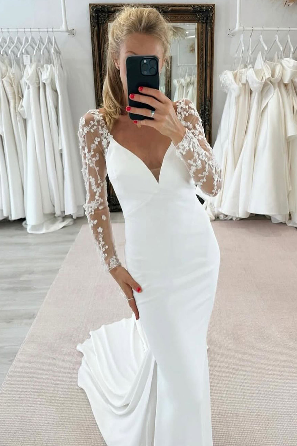 Elegant Mermaid V Neck Long Sleeves Wedding Dress with Lace AB25052511