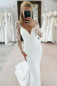 Elegant Mermaid V Neck Long Sleeves Wedding Dress with Lace AB25052511